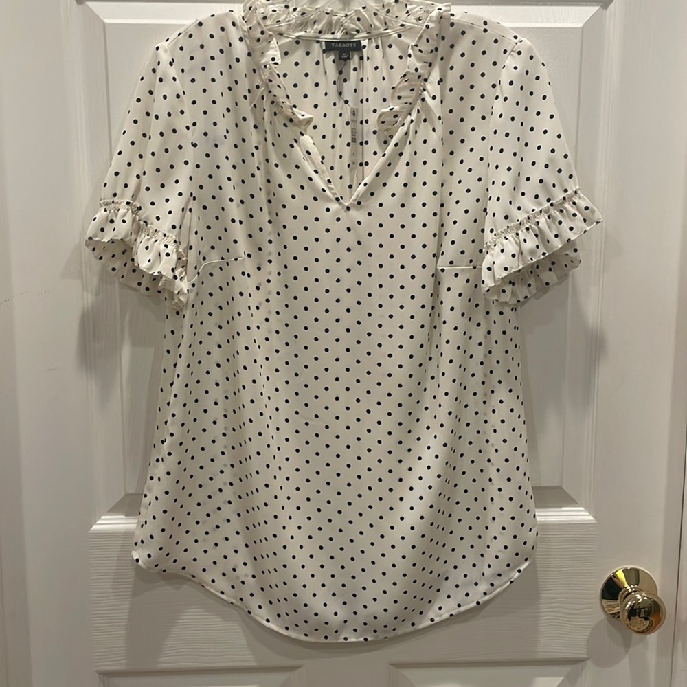 NWT | TALBOTS | NAVY POLKA DOT RUFFLE BLOUSE